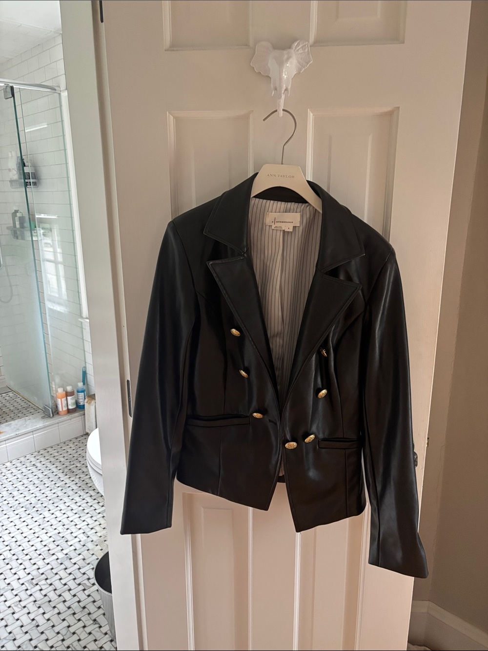 Anthropologie Black Faux Leather Double-Breasted Blazer with Gold Buttons